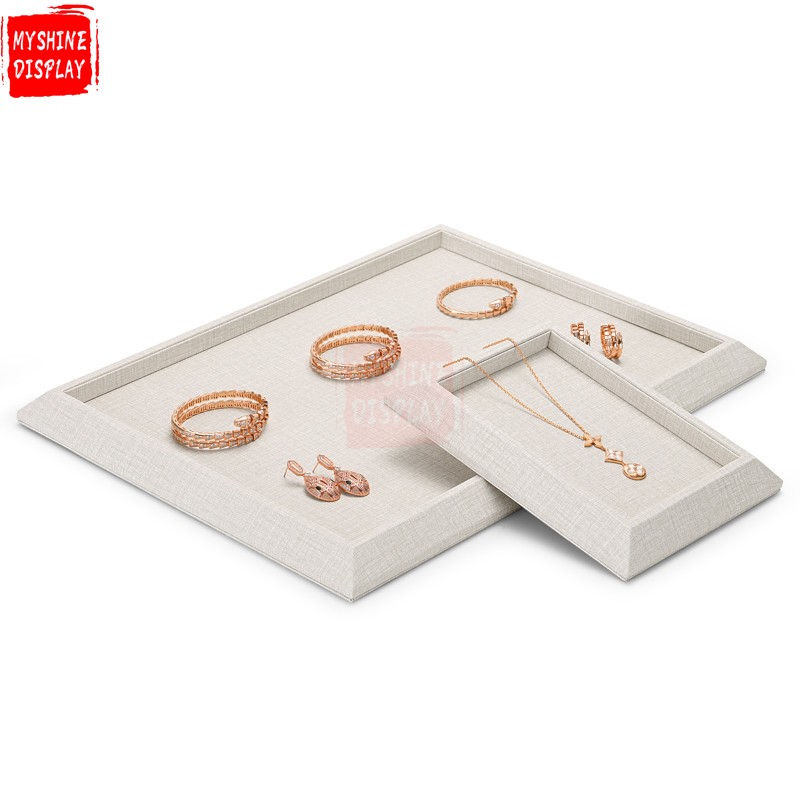 Beige PU leather flat jewelry display tray