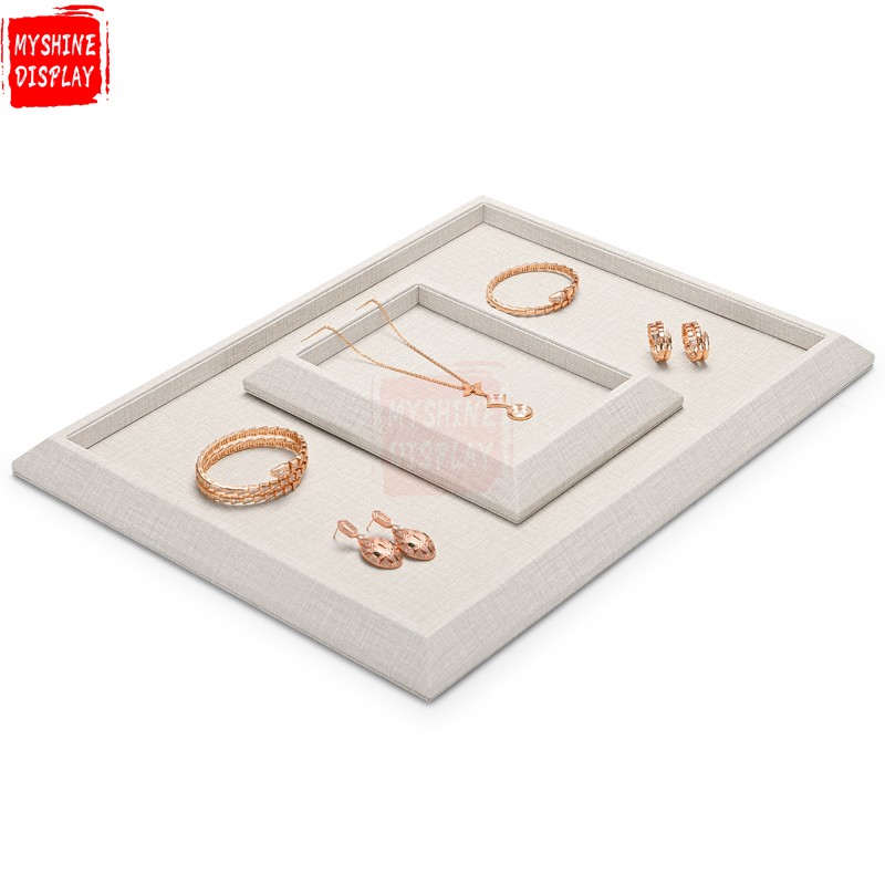 Beige PU leather flat jewelry display tray