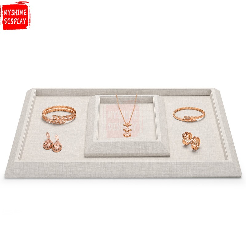 Beige PU leather flat jewelry display tray