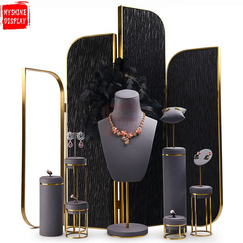 Luxury Jewelry Display Ring Bangle Necklace Velvet Metal Microfiber Jewelry Display Stand Set