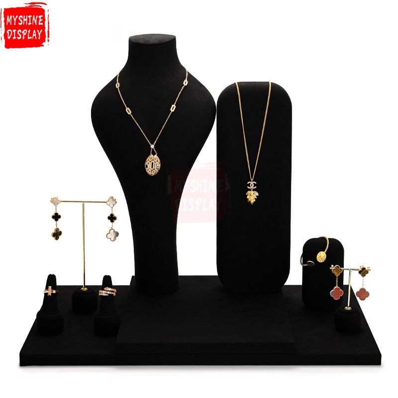 Custom counter black microfiber jewellery display stand set exhibitor